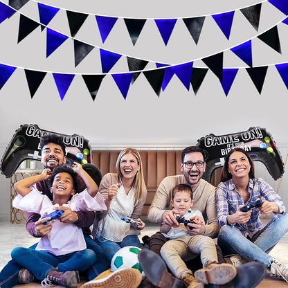 Royal Blue Black Party Decorations Navy Black Metallic Fabric Triangle Pennant - Image 5