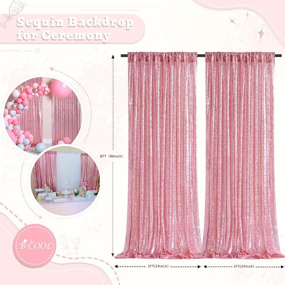 Pink Sequin Backdrop Curtains Party Photo Glitter Drapes 2 Pcs 2FTx8FT | - Image 5