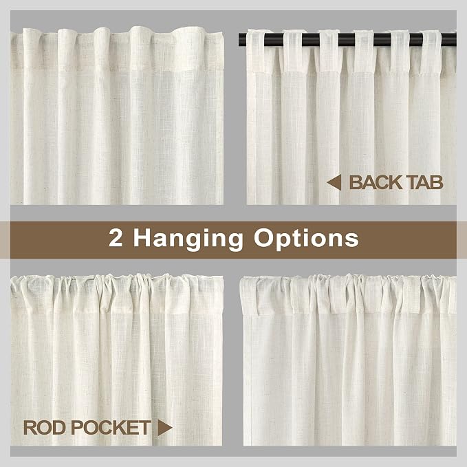 Extra Long Drapes 132 Inch Length Hanging Back Tab Rod Pocket Linen Sheer - Image 5