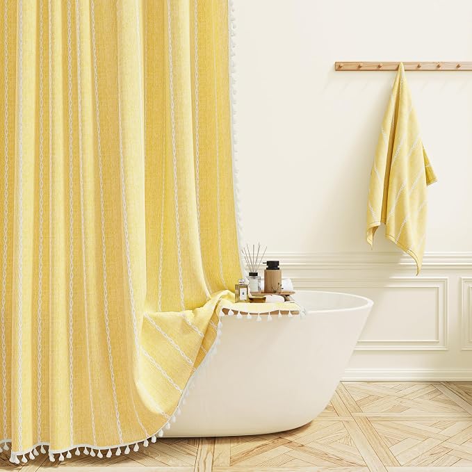 Yellow Cream Boho Farmhouse Linen Heavy Duty Shower Curtain Set, 72x72 | 330GSM by ShowerCurtain
