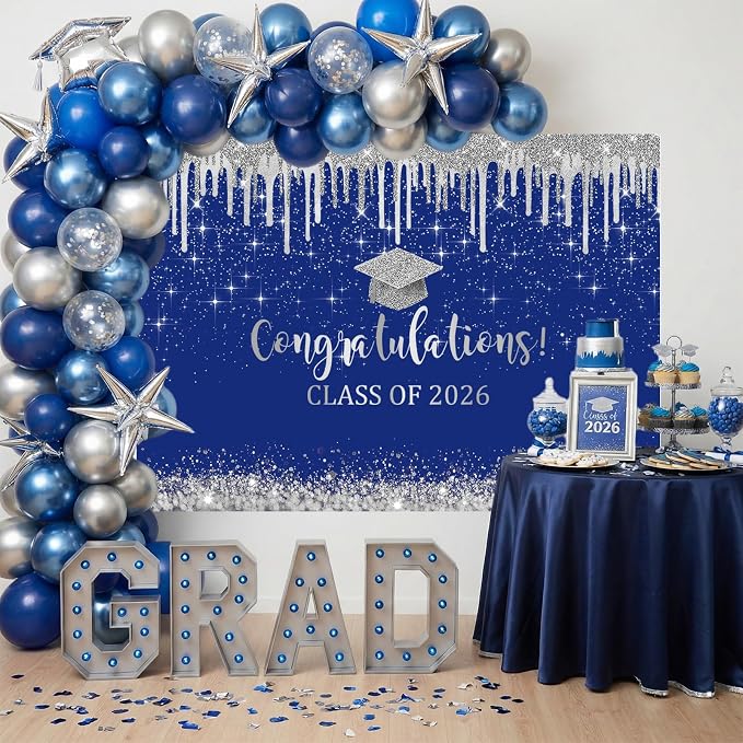 Mocsicka Blue and Sliver Graduation Backdrop Congratulations Class of 2026 - Image 3