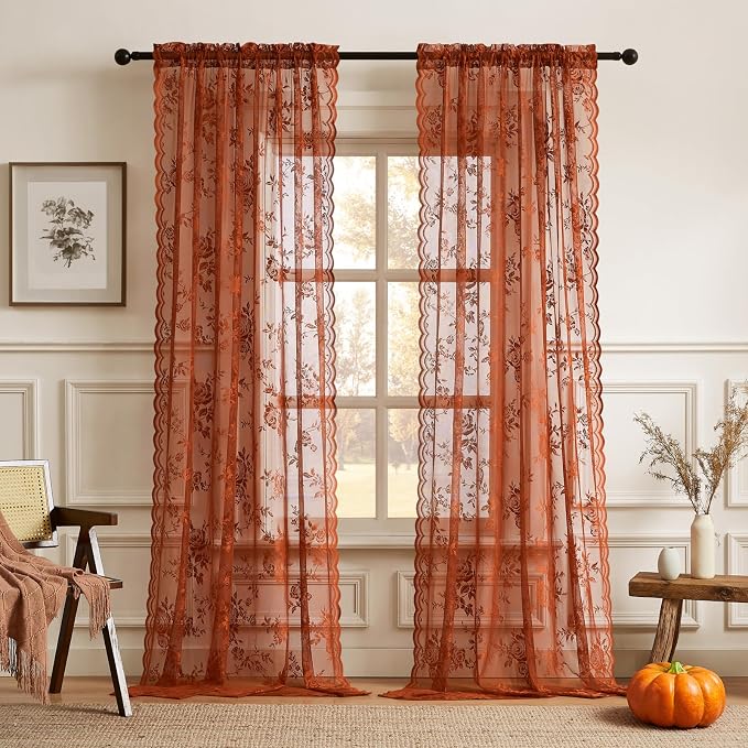 Burnt Orange Lace Curtains 54 Inch Length 2 Panels Country Rustic Floral Sheer - Image 2