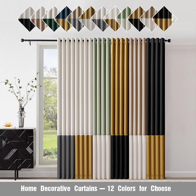 BULBUL Cream Ivory Champagne Luxury Velvet Curtains 102 inch, Color Block | - Image 6