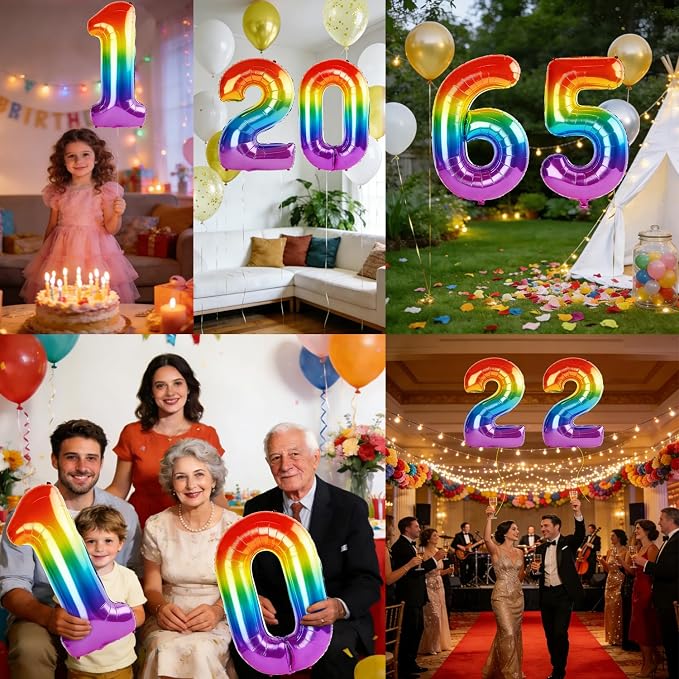 40 Inch Number 65 Balloons for 65th Birthday Party Decorations, 0-100 Rainbow - Image 7