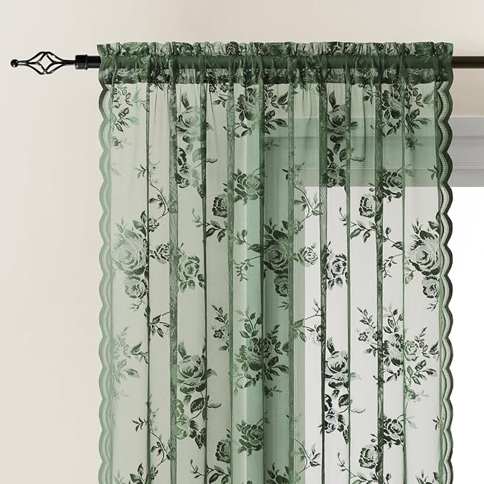 Dark Green Lace Curtains 96 Inches Long 2 Panels Sheer Floral Curtains - Image 3