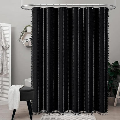 Black and White Boho Linen Heavy Duty Cloth Shower Curtain Set, 72x72 | 330GSM - Image 2