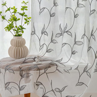 Sheer Curtains Boho Leaf Floral Embroidered Grey 54Wx72L | Light Filtering Semi - Image 7