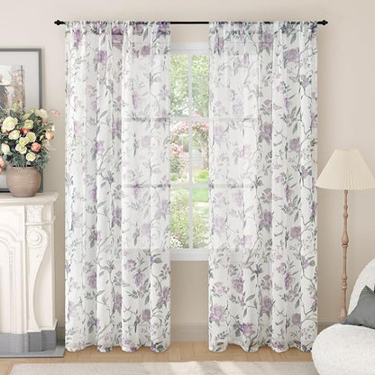 Floral Sheer Curtains 72 Inch Length 2 Panels, Farmhouse Light Filtering by Lajode