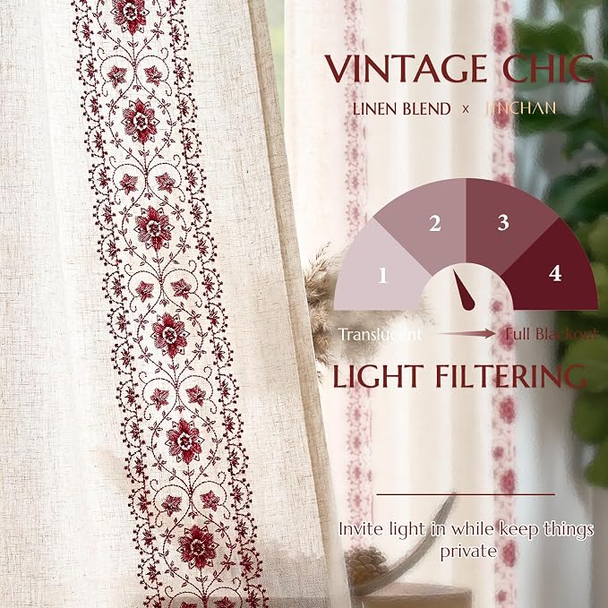 jinchan Floral Linen Curtains Embroidered Back Tab 50x63in 2 Panels Red | Light - Image 6