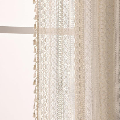WAZZIO Boho Lace Curtains 96 Inches 2 Panel, Light Filtering Privacy Tassel & - Image 6