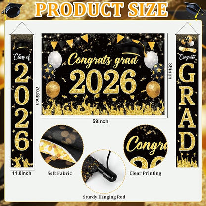 Sophena Graduation Decorations Class of 2026 Grad Banner Backdrop Black and Gold - Image 2