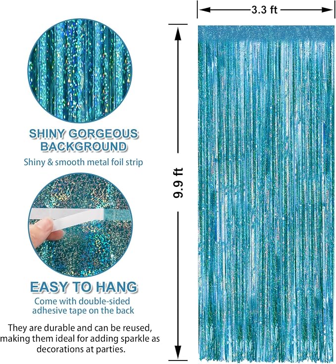 Crosize 4 Pack Laser Blue Party Streamers Backdrop, 3.3 x 9.9 ft | Tinsel Foil - Image 2