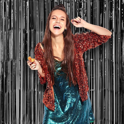 Voircoloria Laser Black Foil Fringe Backdrop Curtains, 3 Pack | Tinsel Streamers - Image 8