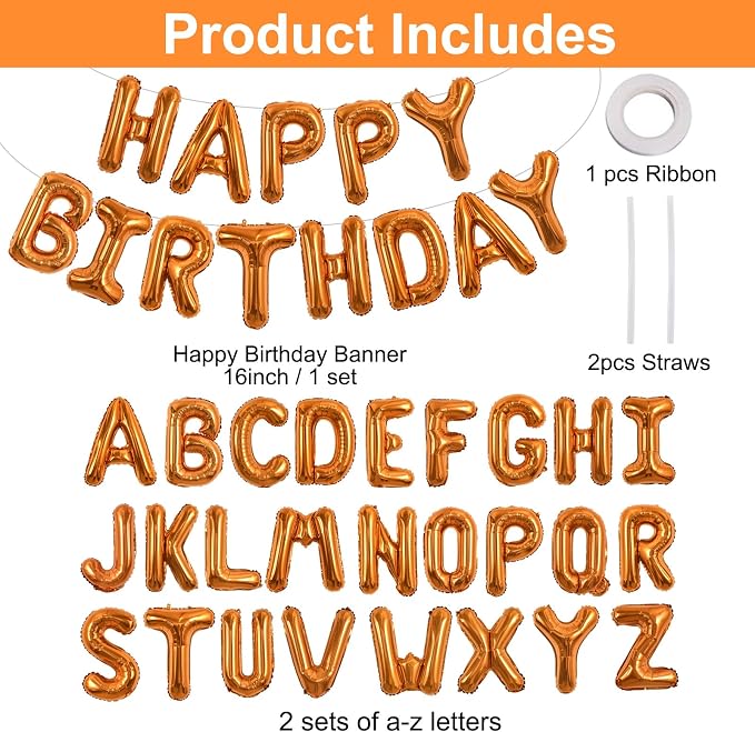 TONIFUL 65 Pcs 16 Inch Orange Happy Birthday Balloons and 2 Sets A-Z Foil - Image 2