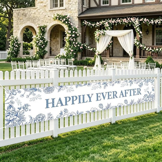 Happily Ever After Banner Blue Bridal Shower Decorations Wedding Banner | by WETDNGQI