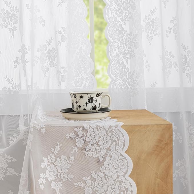 Kotile White Floral Sheer Lace Curtains - Image 3