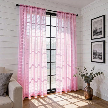 SpaceDresser Check Sheer Curtains 45 Inches 2 Panels Set, Rod Pocket Plaid - Image 4