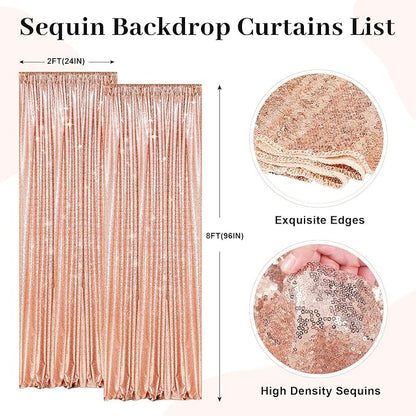 PartyDelight Rose Gold Sequin Backdrop Curtains 2x8ft 2 Panels | Sparkly 3mm - Image 2