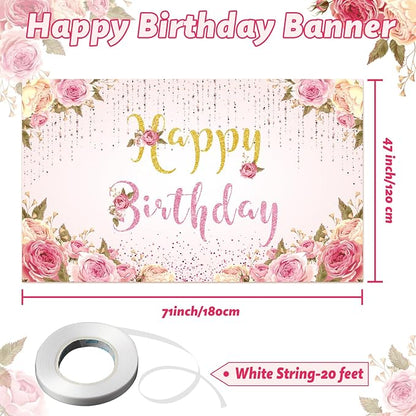 Happy Birthday Banner Pink Birthday Party Backdrop - Image 2