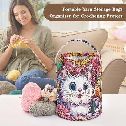 Cute Chrysanthemum Cats Butterflies Yarn Bag Small Crochet Bag Drawstring Yarn - Image 4