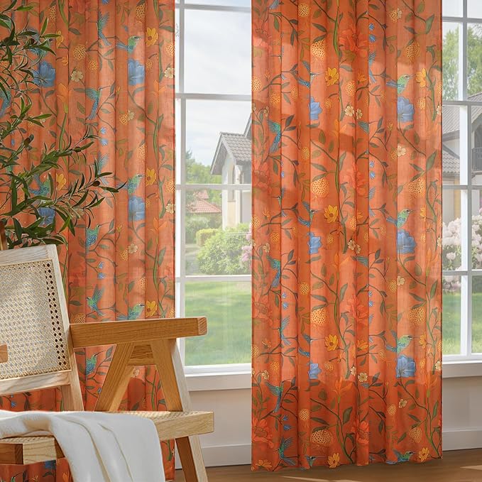 Orange Floral Linen Curtains, Boho Whimsical Bird Print Curtains - Image 6