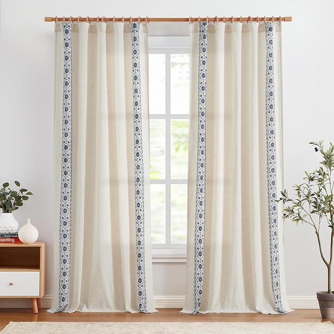 jinchan Floral Linen Curtains Embroidered Back Tab 50x96in 2 Panels Blue | - Image 3