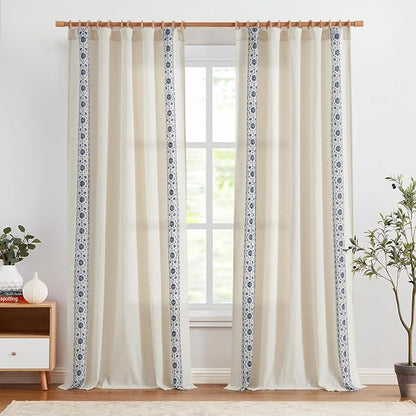 jinchan Floral Linen Curtains Embroidered Back Tab 50x96in 2 Panels Blue | - Image 3