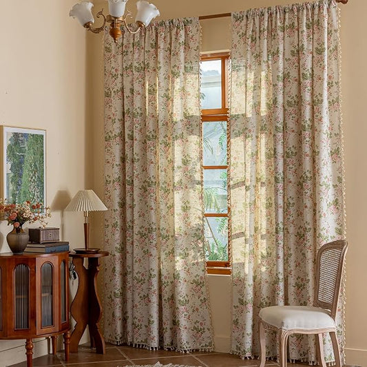 ENJOYBRIDAL Pink Floral Curtains 84 Inches Long Bedroom Semi Sheer Drapes Floor by ENJOYBRIDAL