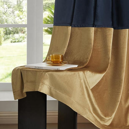 Navy Gold Velvet Blackout Curtains Luxury Decor 63 inches, Color Block | Living - Image 5