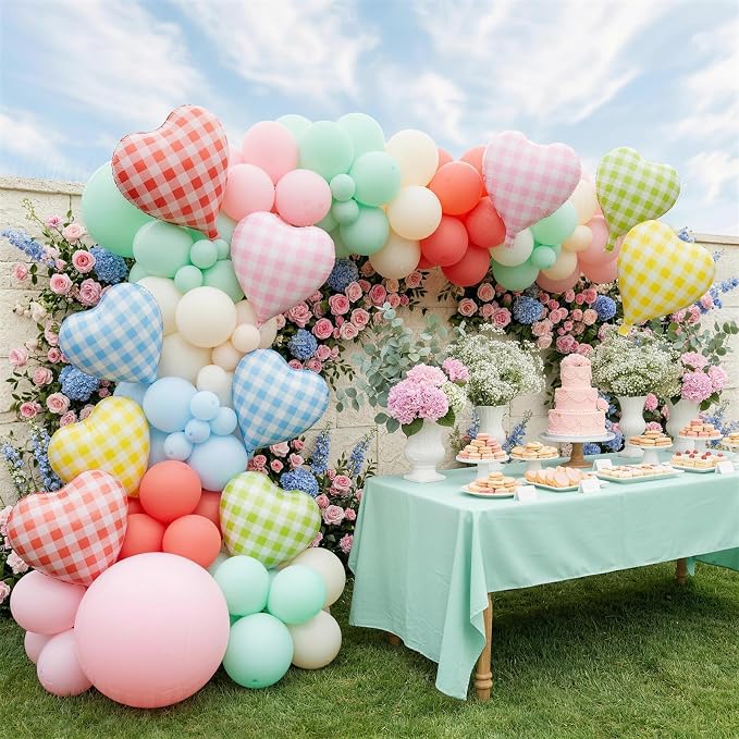 Pastel Checkered Heart Balloons, 18Inch Light Pink Blue Yellow Green Red - Image 3