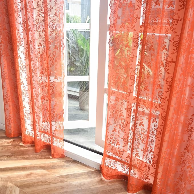 Burnt Orange Lace Curtains Rustic Leaf Floral 42 x 84 Inch, 2 Panels | Rod - Image 5