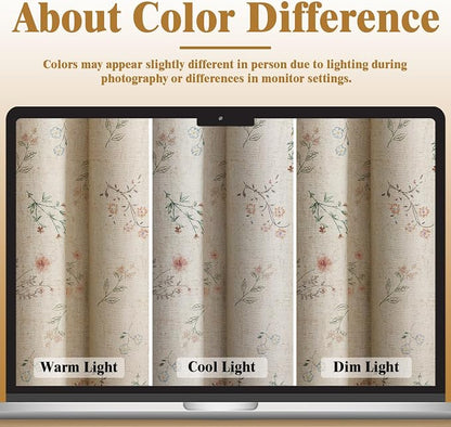 Boho Floral 100% Blackout Curtains 63 Inch 2 Panels Linen Texture | Farmhouse - Image 5