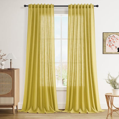 Celery Yellow Linen Curtains 108 Inches Long 2 Panels Set Back Tab Loop Pocket by Nanspring
