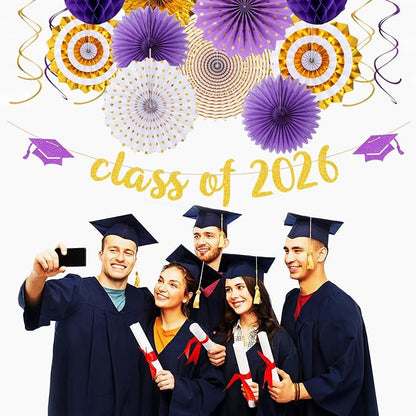 Purple-White Gold Party-Decorations Graduation Banner-Streamers - Image 4