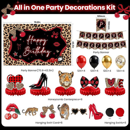Cheetah Print Party Decorations 29pcs Cheetah Cherry Party Supplies | Red Black - Image 2