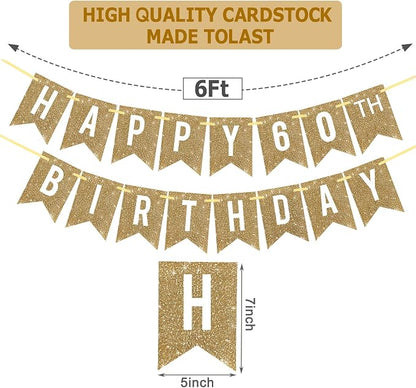 Netnology Pre-Strung Gold Glitter 60th Happy Birthday Banner Decorations | 12 - Image 2
