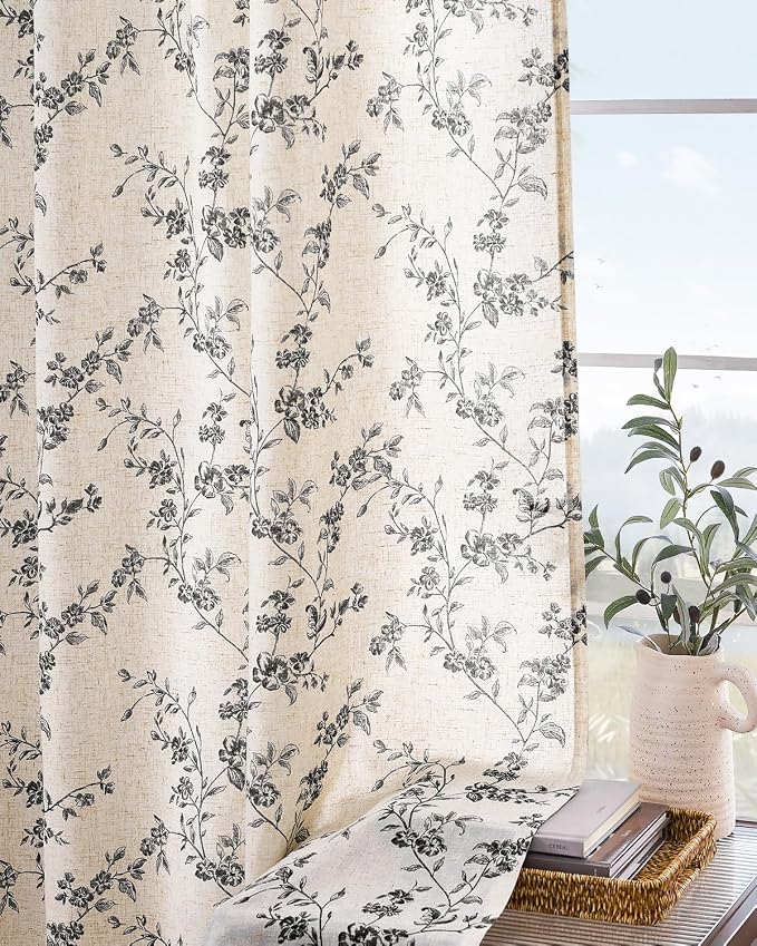 Black Vintage Floral Linen Curtains Farmhouse 50W X 96L 2 Panels | Elisa Series - Image 9