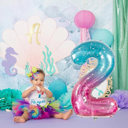 Mermaid 2 Balloons, 40 Inch Giant Rainbow Starry Helium Mylar Foil Number 0-9 - Image 6