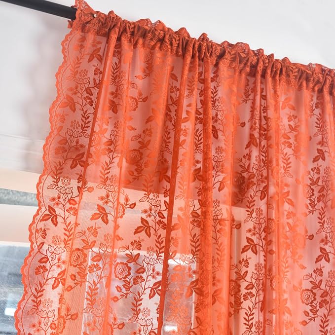 FINECITY Burnt Orange Floral Lace Curtains - Image 2