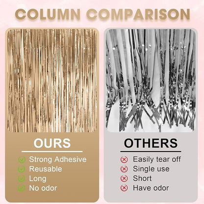 Voircoloria Champagne Foil Fringe Backdrop Curtains, 2 Pack | Tinsel Streamers - Image 3