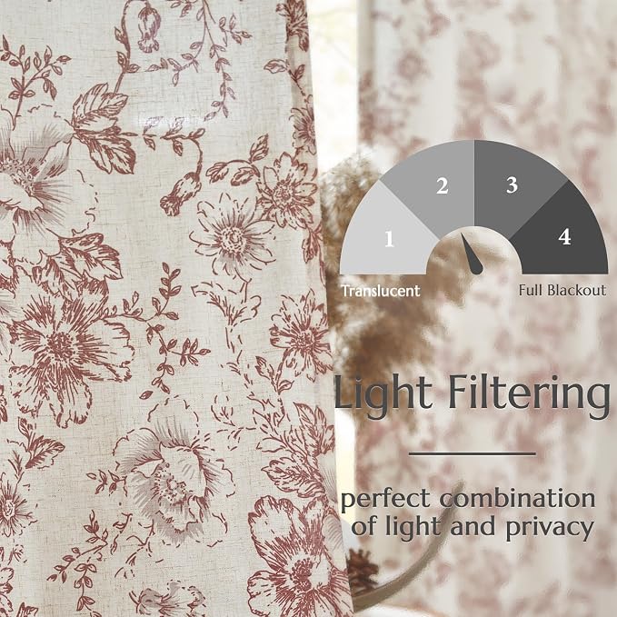 jinchan Red Floral Linen Curtains 96 Inch Farmhouse Back Tab 2 Panels | Light - Image 4