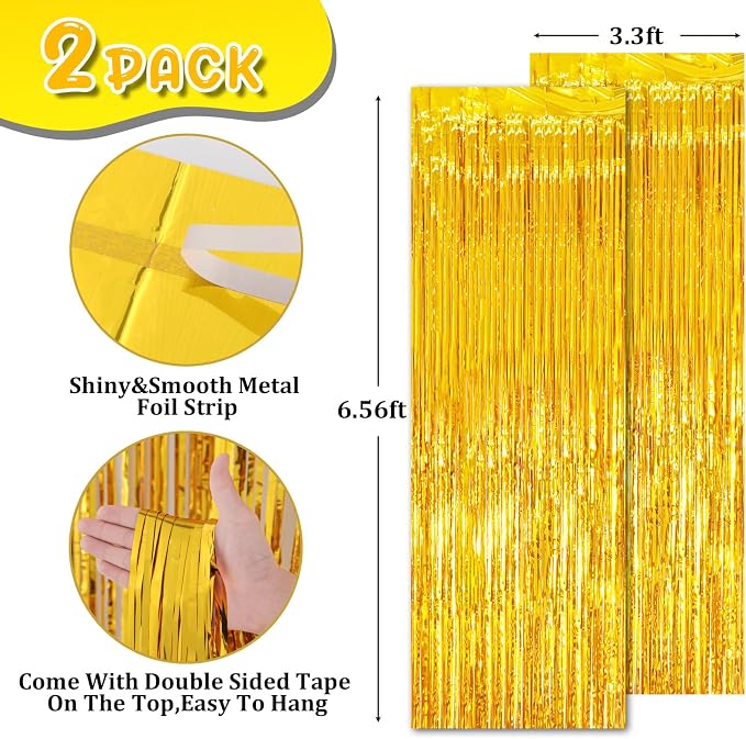 Voircoloria Gold Foil Fringe Backdrop Curtains, 2 Pack | Tinsel Streamers - Image 3