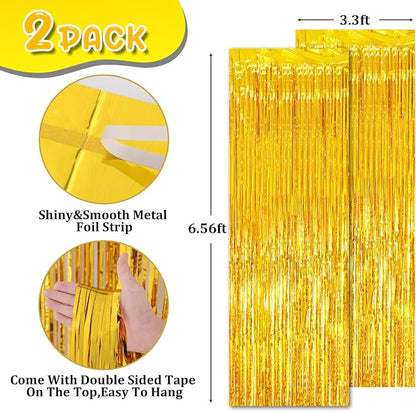 Voircoloria Gold Foil Fringe Backdrop Curtains, 2 Pack | Tinsel Streamers - Image 3