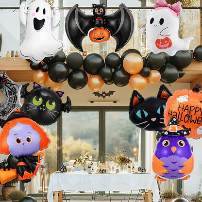 9Pcs Halloween Balloons Decoration Set, Foil Ghost, Spider Web, Pumpkin & Bat - Image 3