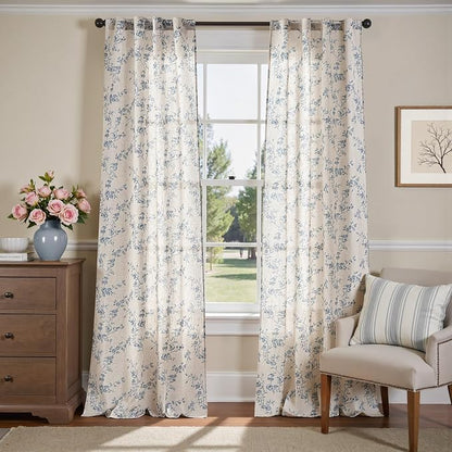 jinchan Blue Floral Linen Curtains 96 Inch Country Drapes Back Tab 2 Panels | - Image 2