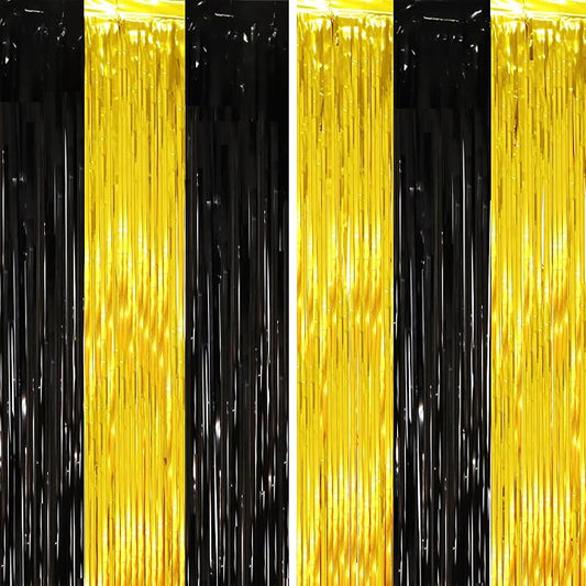 Voircoloria Black Gold Foil Fringe Backdrop Curtains, 2 Pack | Tinsel Streamers by Voircoloria