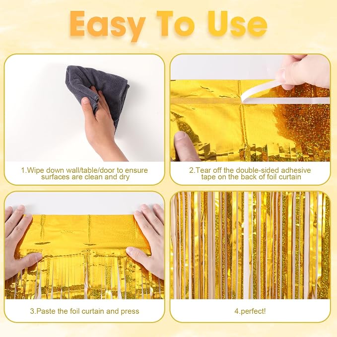 Voircoloria Laser Gold Foil Fringe Backdrop Curtains, 3 Pack | Tinsel Streamers - Image 5