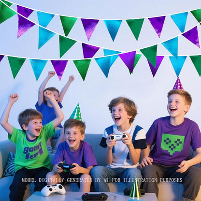 Blue Green Purple Party Decorations Metallic Fabric Triangle Pennant Banner - Image 5