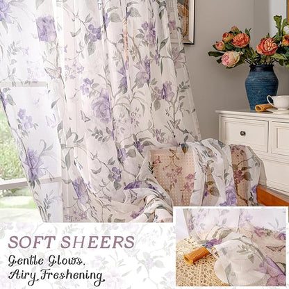 Sheer Curtains 45 Inch Length 2 Panels Set, Lavender Floral Patterned Linen - Image 6
