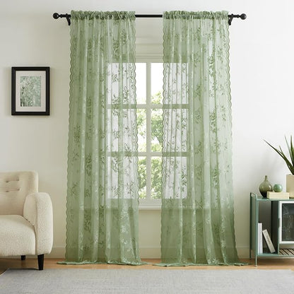 Sage Green Lace Curtains 90 Inches Long Spring Country Floral Sheer Curtains by SEEKRIGHTHomeDecor